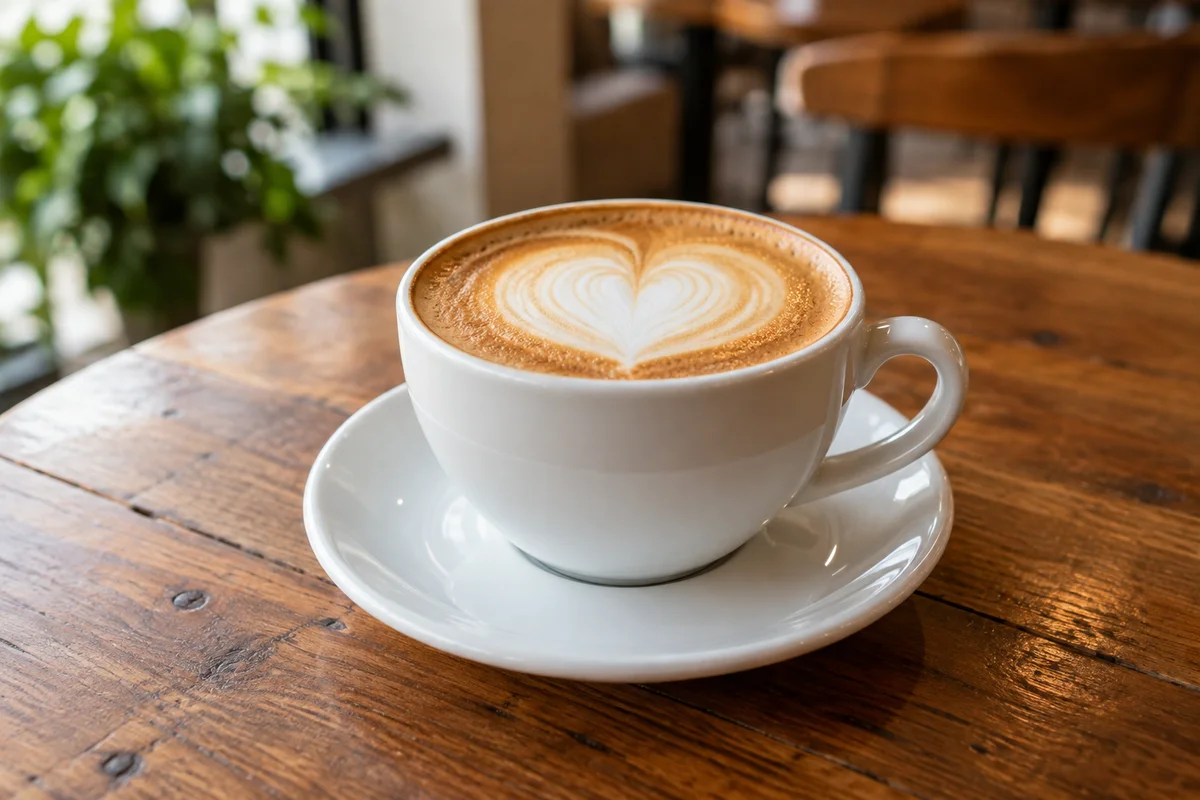 A single cup of cappuccino on a café table.